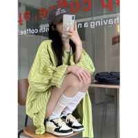 200斤胖妹妹女裝夏ins港風條紋長袖襯衫加肥加大碼學生薄防曬襯衫