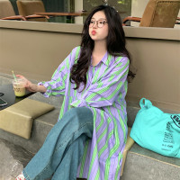 200斤胖妹妹春夏ins撞色豎條紋長版襯衫加肥加大碼學生防曬襯衫女