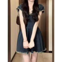 大尺碼胖mm赫本風復古毛邊V領牛仔洋裝女氣質高級感遮肚顯瘦短裙