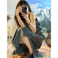 復古設計感流蘇毛邊開叉牛仔吊帶裙女高腰顯瘦小個子裙子中長版