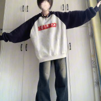 美式復古撞色厚棉T女春秋寬鬆ins潮牌慵懶風oversize無帽套頭上衣