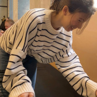 Whitehead美式復古白色套頭條紋針織衫女潮ins寬鬆秋冬毛衣發叄