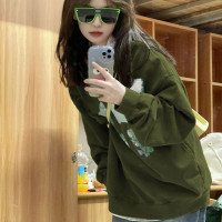 綠色潮牌小眾無帽圓領厚棉T女2023新款爆款早春秋冬季加絨長袖上衣