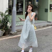 海邊度假羽毛吊帶洋裝女裝高腰a字裙2023年新款顯瘦夏季長裙子