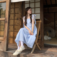 2023年夏季新款冷淡風女裝高級感純欲風藍色海邊度假吊帶洋裝子