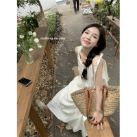 度假風吊帶洋裝女夏季新款法式溫柔風露背中長版寬鬆蝴蝶結裙子