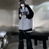 Take off咖哩人冬新款條紋拼接刺繡連帽運動衫加絨外套寬鬆男女復古