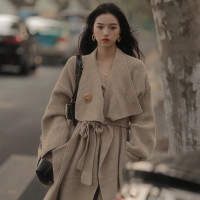 AZure法式復古大翻領針織外套 無扣加厚毛衣開衫 慵懶風針織大衣