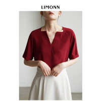 LIMONN 法式復古簡約通勤V領短袖襯衫女設計感上衣極簡職業上衣