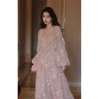 AZure 燈籠袖壓皺亮片洋裝 粉色bling長裙氣質公主裙復古雪紡裙