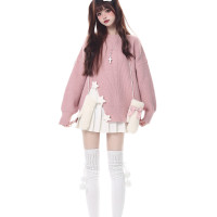 crazygirl【奶油小星】原創秋冬少女針織星星裝飾純色圓領毛衣