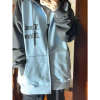 國潮牌復古hiphop拼接厚T恤女秋冬外套加絨加厚美式高街ins潮外套