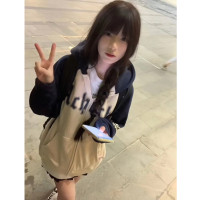 國潮牌美式開衫hiphop插肩袖連帽運動衫女春秋拼色拉鍊慵懶chic外套
