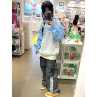 美式復古撞色插肩衛衣外套女春秋寬鬆潮牌小個子開衫連帽長袖上衣