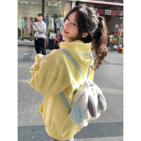 美式街頭甜酷風黃色連帽運動衫女春秋薄款情侶oversize潮牌帽衫外套
