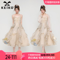 茶歇法式抹胸吊帶洋裝2023夏季海邊度假風荷葉邊長裙沙灘雪紡裙