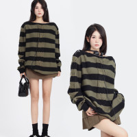 ZZHenL 復古小眾設計感領口拉鍊可露肩多穿法條紋毛衣女早秋新款