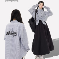 珍珍很懶 美式高街POLO衫條紋長袖襯衫街頭休閒春秋開衫上衣外套