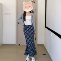 秋季開衫吊帶藍色格子包臀半身洋裝子女夏裝搭配一整套時尚長裙