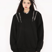 BIGGOLD美式復古金屬拉鍊頭衛衣女春秋潮牌圓領墊肩廓形寬鬆上衣
