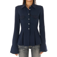 野生zerocircle藍色條紋收腰襯衫女秋辣妹修身顯瘦正肩喇叭袖上衣