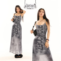 野生zerocircle紮染印花吊帶洋裝女夏季辣妹小眾修身顯瘦長裙子
