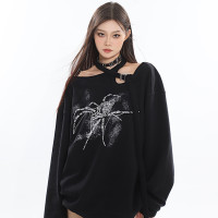 CCUP SPACE氣質長袖百搭個性鏤空露肩設計感不規則交叉寬鬆衛衣