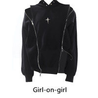 鬼馬 甜酷早秋新款小眾外套雙拉鍊鏤空帽衫設計感露肩連帽運動衫女