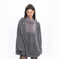 CCUPSPACE 設計感假兩件拼接polo領襯衫2023早秋慵懶風毛衣含領帶