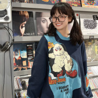 小眾童趣古著拼布卡通印花日系復古圓領厚棉T2023年春季女減齡藏肉