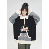 稚成人online 設計感小眾卡通刺繡撞色Polo領毛衣女日系別致上衣
