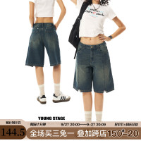 YOUNG STAGE 復古水洗牛仔短褲小個子女夏季寬鬆闊腿休閒五分褲子