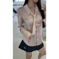 紅人館條紋襯衫女2023新款早秋設計感慵懶風上衣長袖法式粉色襯衫