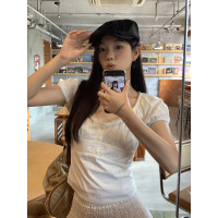 紅人館短袖襯衫女夏季小衫白色收腰顯瘦襯衫氣質法式獨特短款上衣