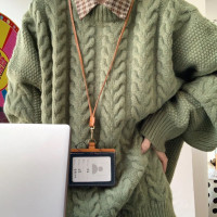 加厚版！綠色復古麻花毛衣女2023秋冬新款韓版寬鬆慵懶風長袖針織