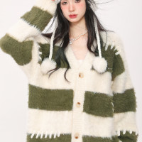 AONW國潮條紋開襟外套毛衣女韓版慵懶風仿水貂毛撞色軟糯針織衫外套