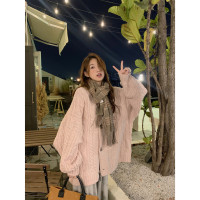 暖系軟糯麻花毛衣外套女秋冬2023新款中長版寬鬆慵懶溫柔針織開衫