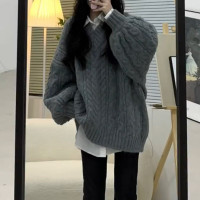 V領燈籠袖灰色毛衣女寬鬆外穿遮臀部慵懶風秋冬新款加厚韓系針織