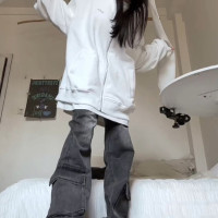 美式高街兔耳朵連帽運動衫女春秋薄款寬鬆慵懶風休閒百搭開衫外套潮