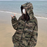 美式高街復古春秋刺繡迷彩拉鍊外套情侶寬鬆休閒連帽運動衫男女薄款