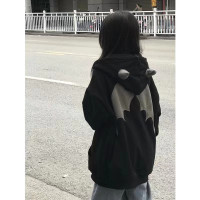 國潮高街小惡魔角連帽小眾衛衣女秋冬長袖開衫慵懶風美式復古外套