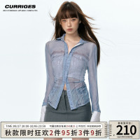 Curriges美式秋季薄款仿牛仔修身顯瘦印花網紗長袖襯衫上衣女