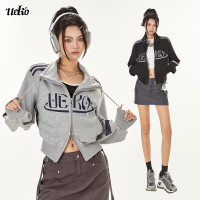 UEKO美式街頭辣妹短版衛衣女復古運動拉鍊薄款短外套秋高腰上衣