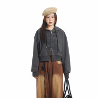 KLDINOR 潮牌美式復古辣妹風椰樹灰色短版拉鍊開衫帽衫衛衣外套秋
