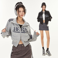 UEKO美式翻領衛衣外套短款女秋季2023新款拉鍊長袖上衣薄款開衫