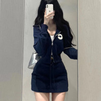 早秋新款基礎休閒百搭連帽短款拉鍊開衫厚棉T外套顯瘦包臀裙套裝女