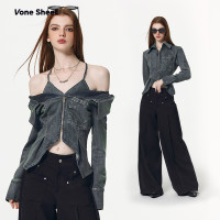 Vone SheeE 原創設計甜酷辣妹內搭襯衫高腰開叉顯瘦牛仔襯衫女秋