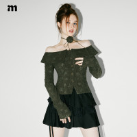 imone綠色純欲星星滿印一字肩襯衫女2023秋季新款設計感小眾上衣
