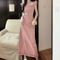 吊帶荷葉袖牛仔洋裝女2023夏季新款氣質復古修身收腰顯瘦中長裙