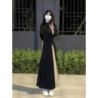 2023年春夏新中式國潮民族風黑色復古泡泡袖氣質改良旗袍洋裝女